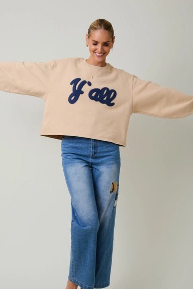 Crew Neck "Y'all" Flocked Sweatshirt - Juli's Wearable Art