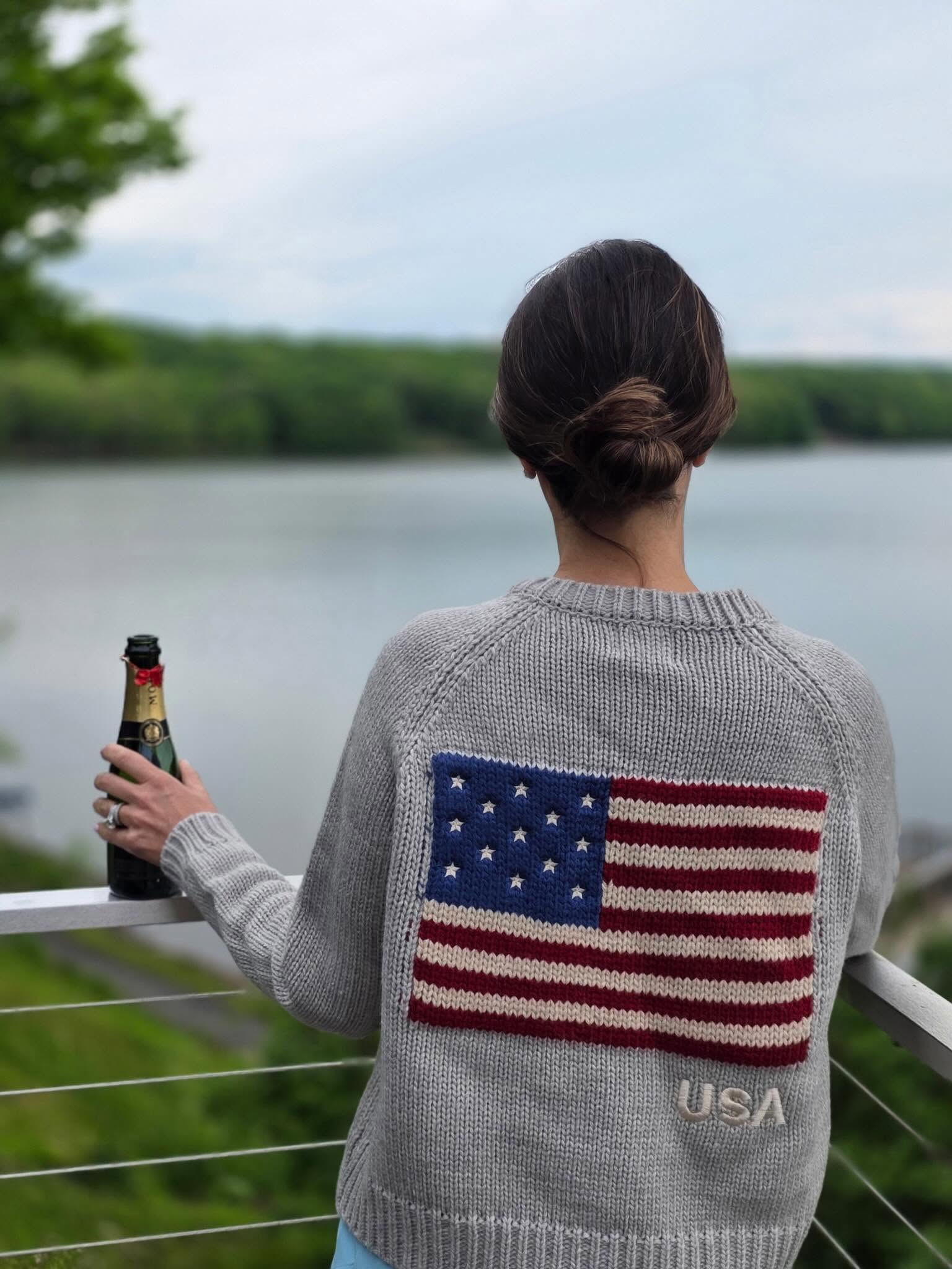 Crop Knit American Flag Cardigan Sweater | Gray