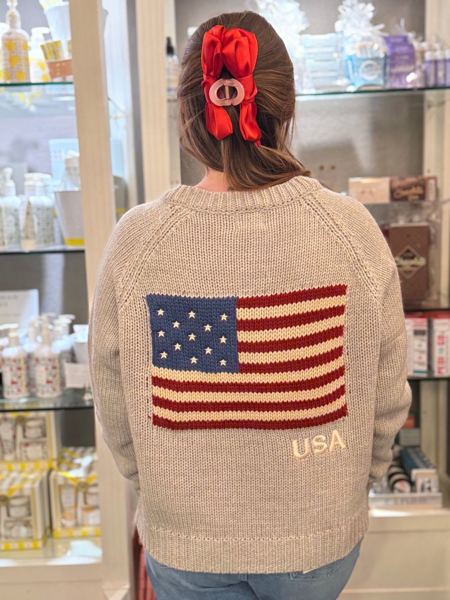 Crop Knit American Flag Cardigan Sweater | Gray