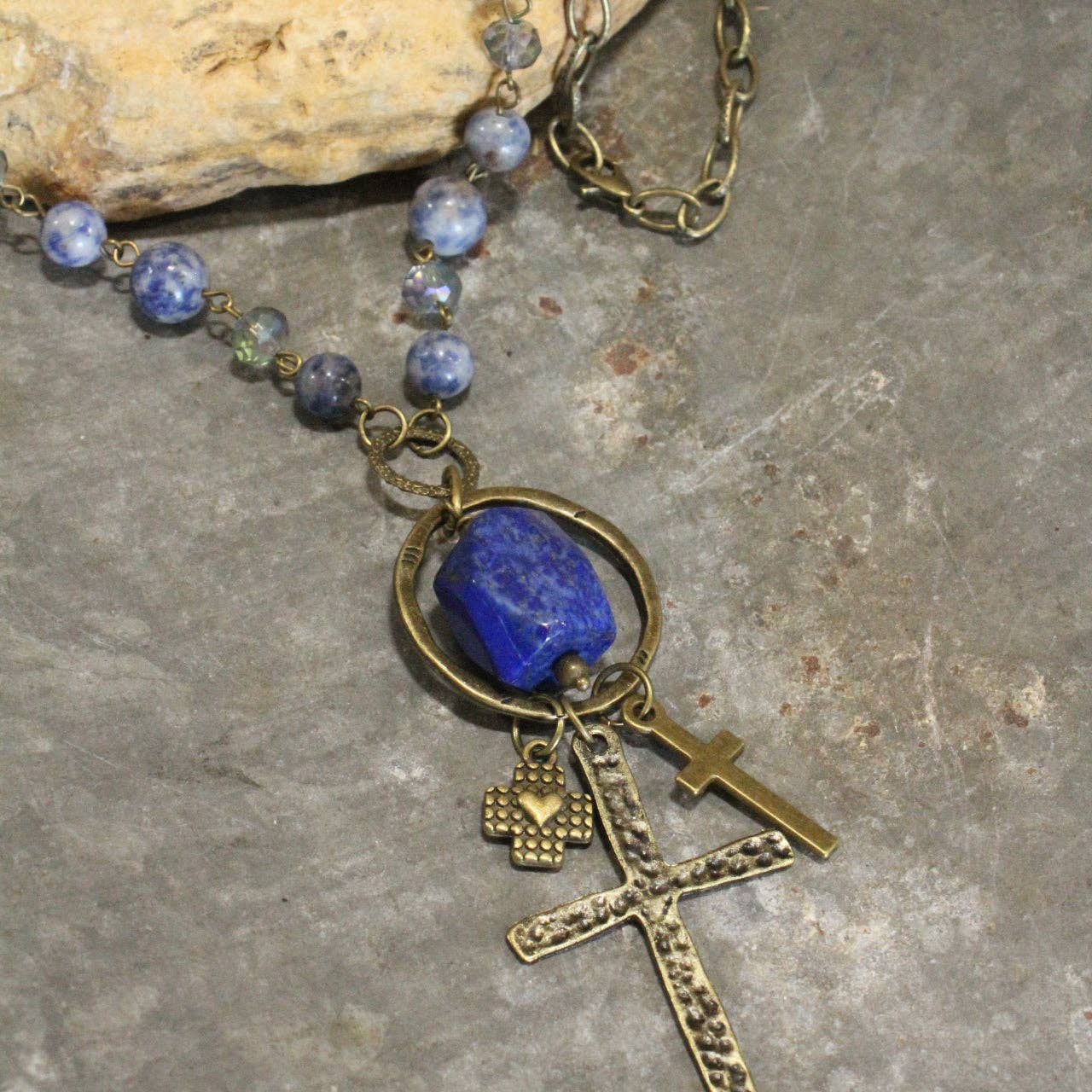 Cross Pendant Drop Lapis Lazuli Stone Necklace - Juli's Wearable Art