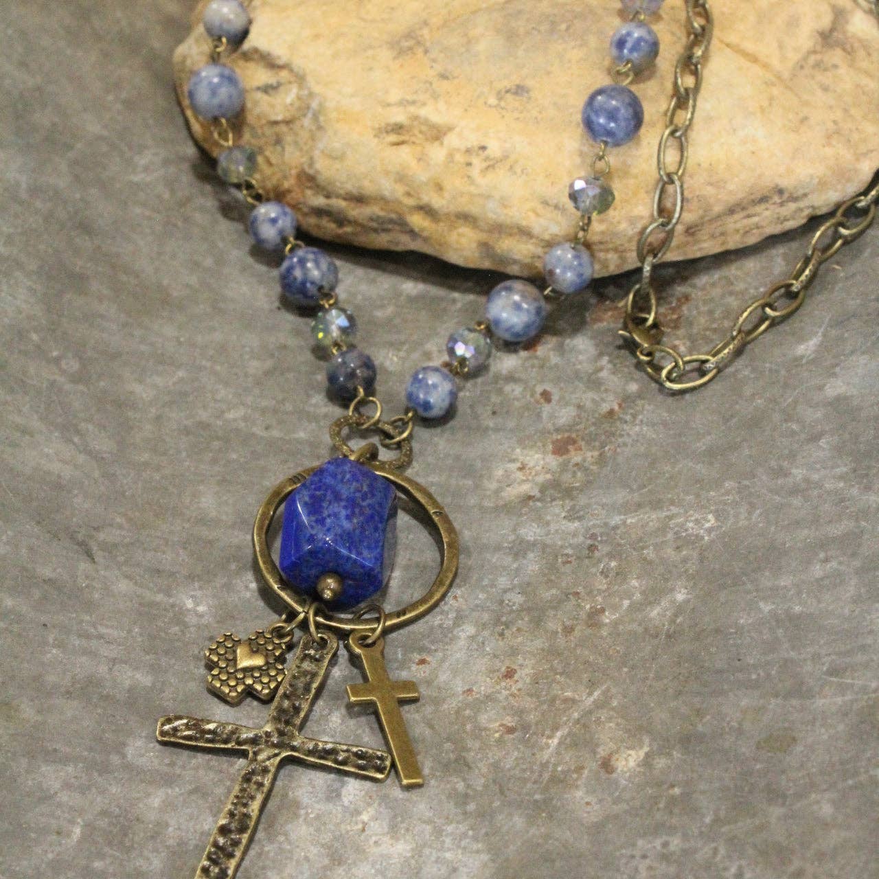 Cross Pendant Drop Lapis Lazuli Stone Necklace - Juli's Wearable Art