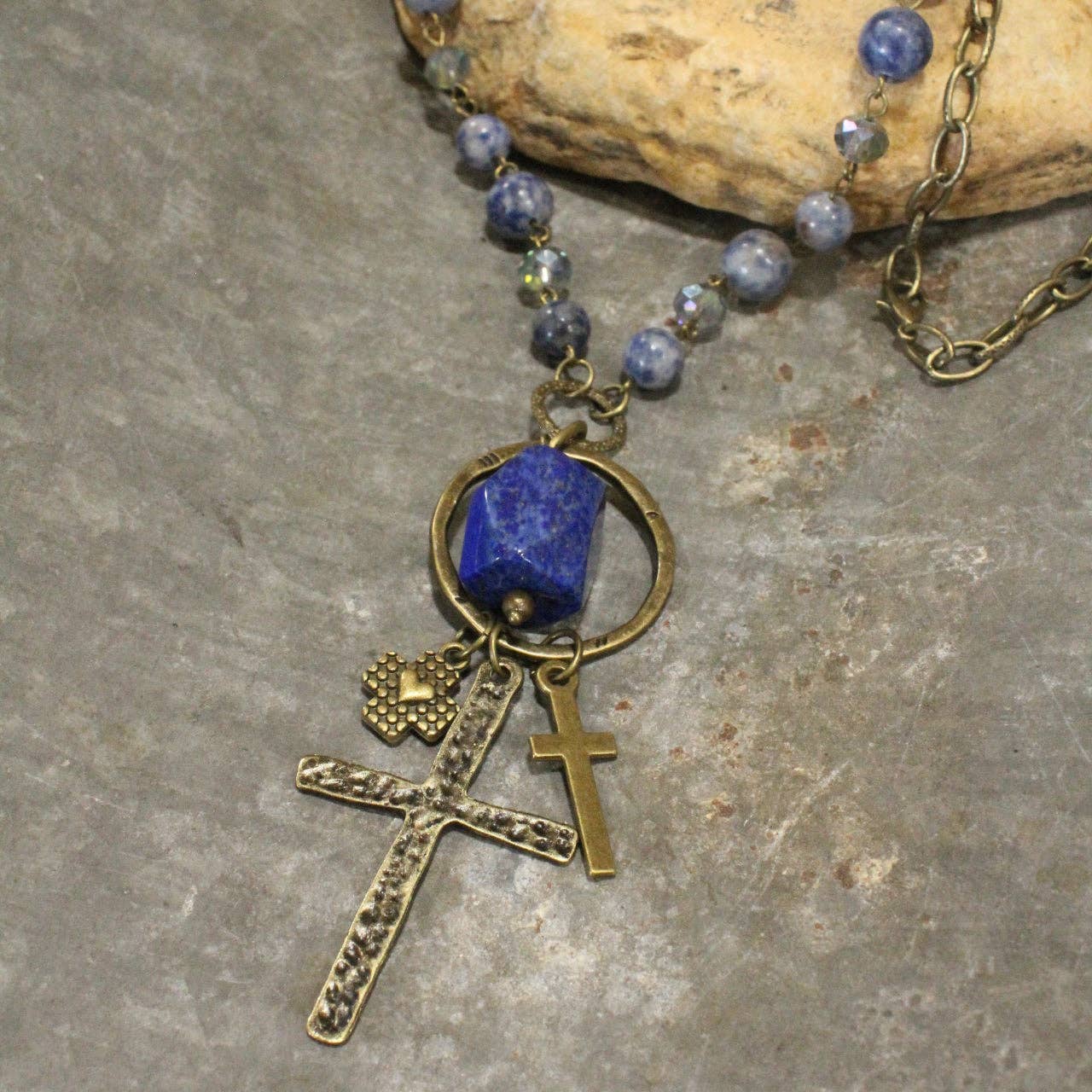 Cross Pendant Drop Lapis Lazuli Stone Necklace - Juli's Wearable Art