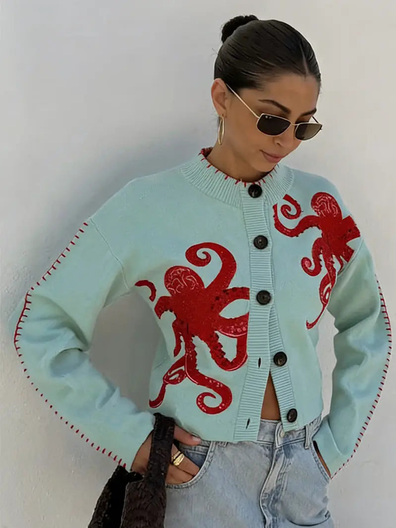 Octopus Embellished Button-Up Cardigan