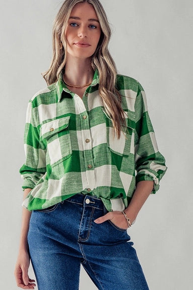 Green Plaid Flannel Button Down Shirt