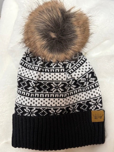 Dark Navy & White Knit Winter Pattern Pom Hat - Juli's Wearable Art