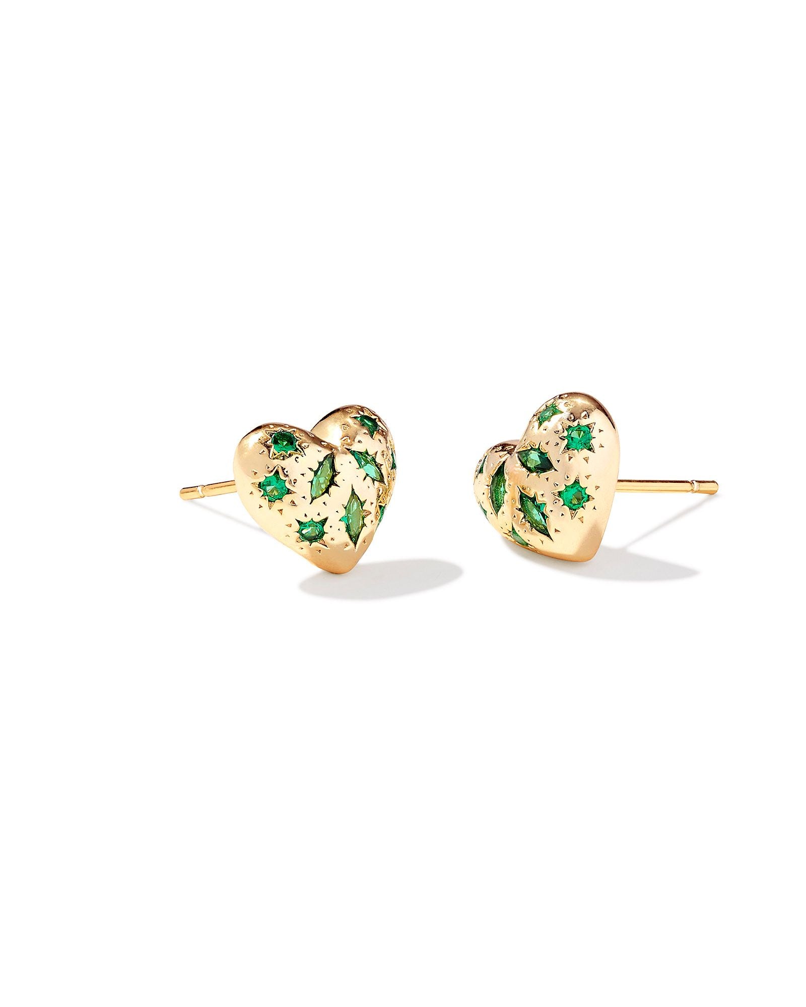 Kendra Scott Holland Gold Heart Stud Earrings in Green Crystal