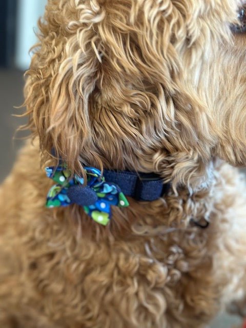 Denim Dog Collars with Green & Blue Floral Flower Bows - Juli's Wearable Art