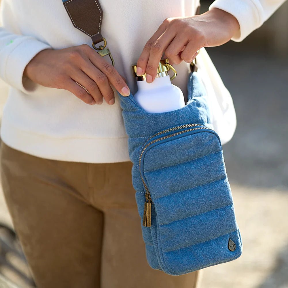 Denim HydroBag® with Antique Brass and Denim overlaid Vegan Leather Strap - Juli's Wearable Art