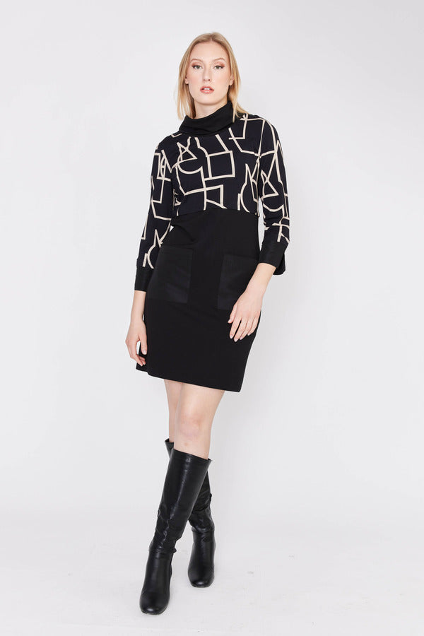 Dolcezza Geometric Line & Faux Leather Dress