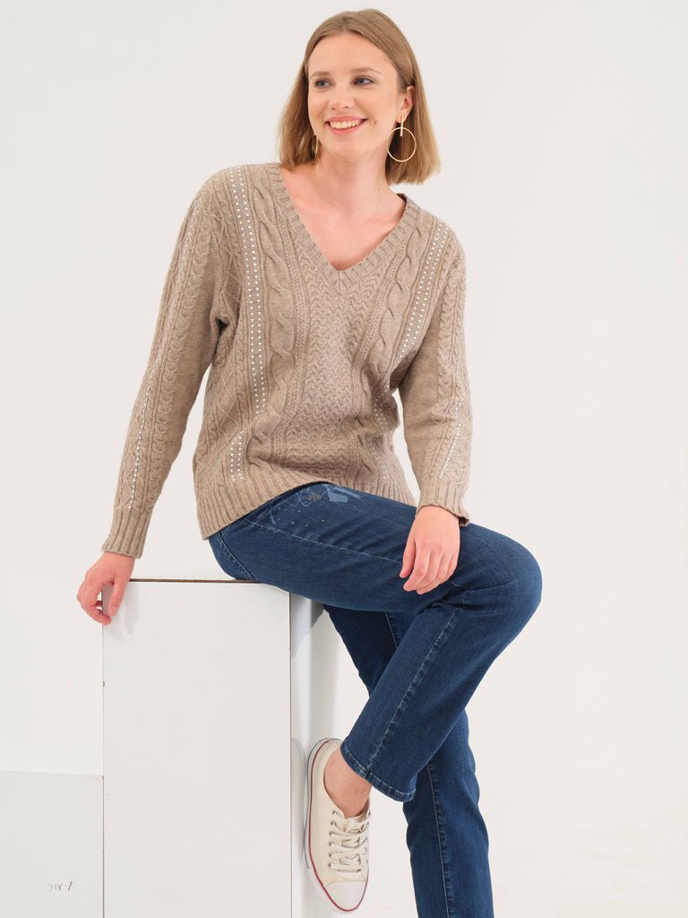 Dolcezza Embellished V - Neck Sweater | Oatmeal - Juli's Wearable Art
