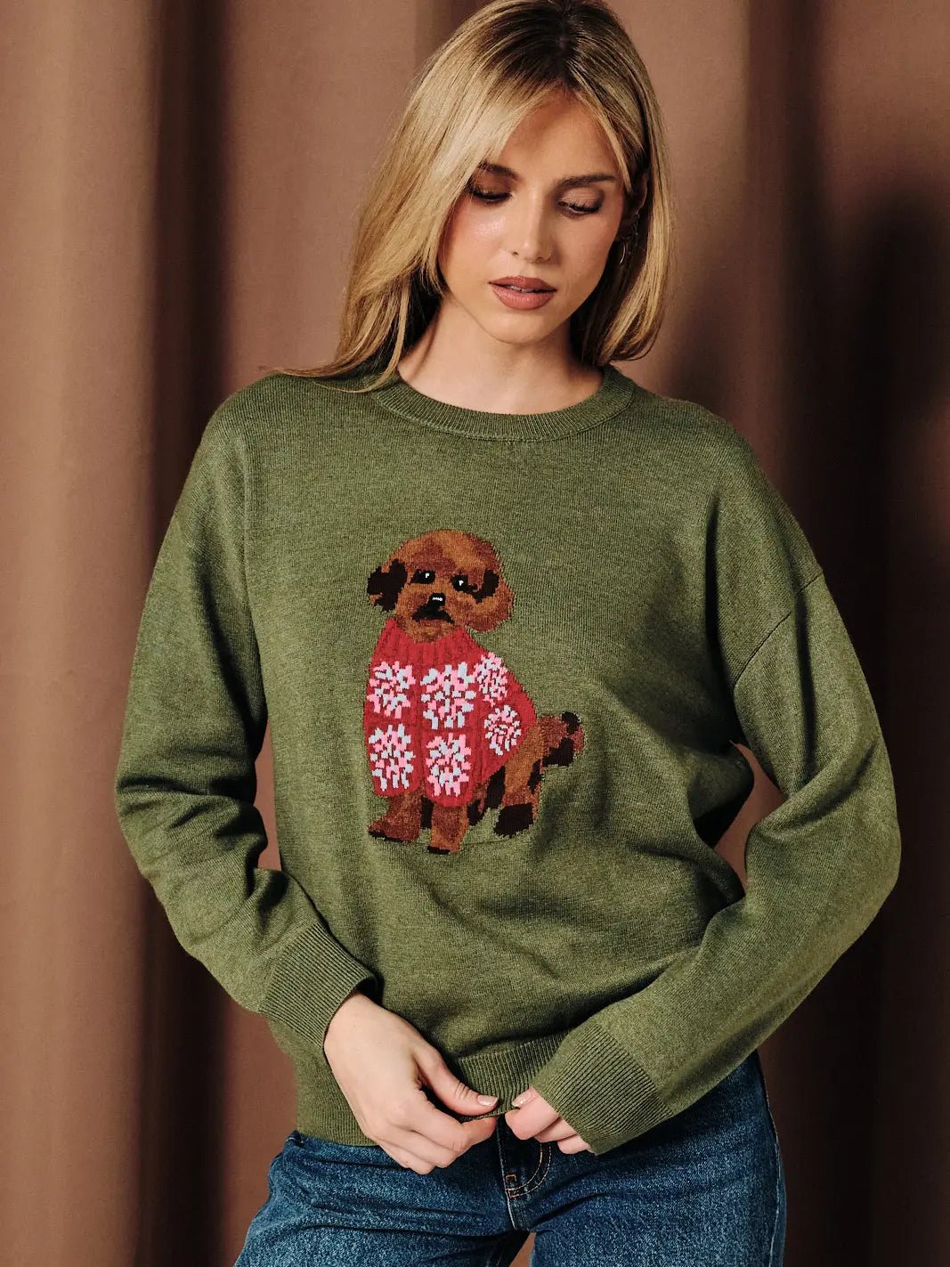 Doodle Dog Graphic Long Sleeve Knit Sweater - Juli's Wearable Art