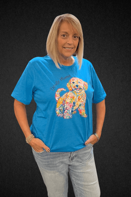 "Doodle Mama" Bright Goldendoodle Tee | Neon Blue - Juli's Wearable Art