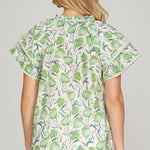 Double Sleeve Woven Floral Print Top with Stripe Contrast | Green - Juli's Wearable Art