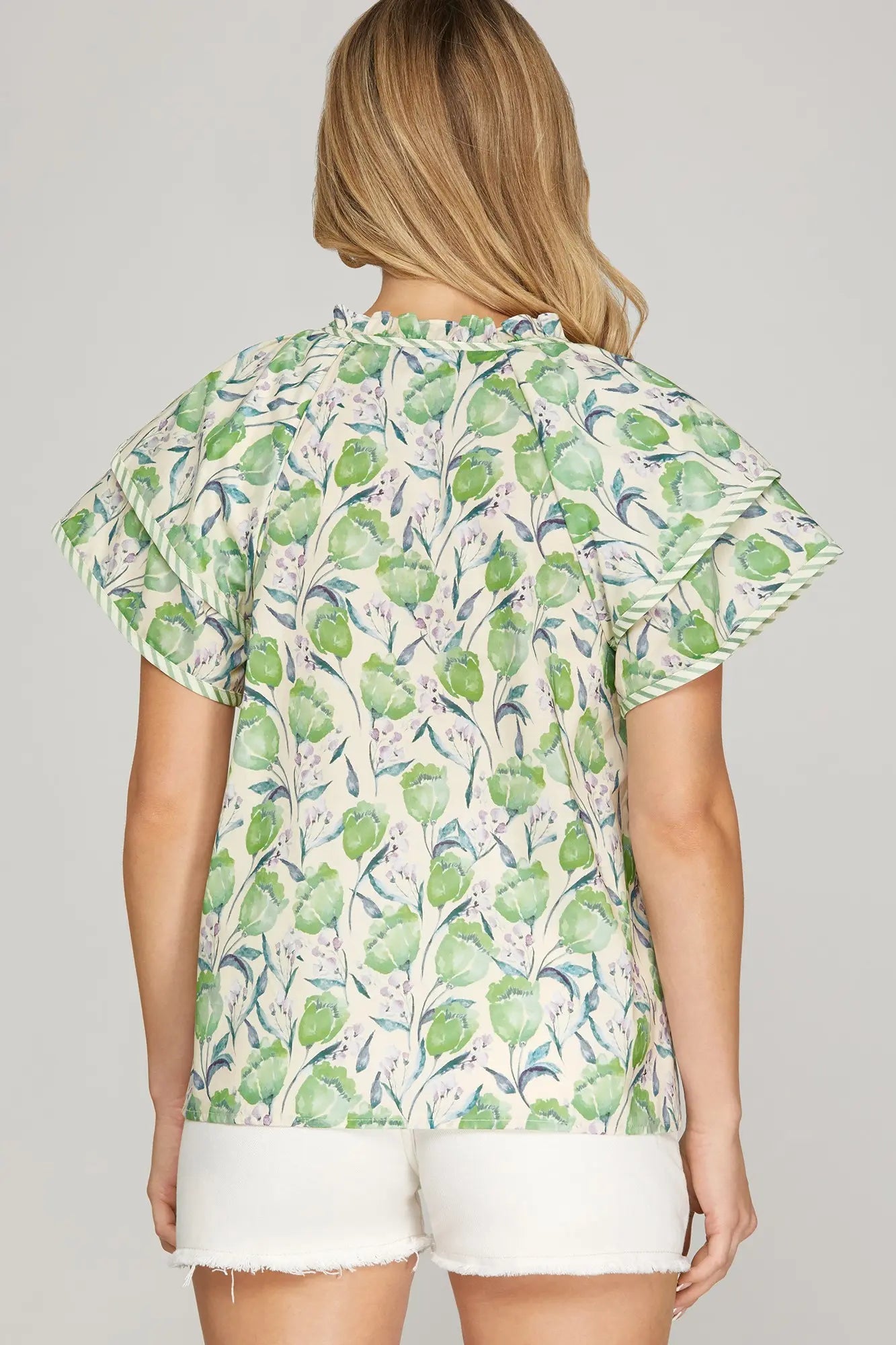 Double Sleeve Woven Floral Print Top with Stripe Contrast | Green