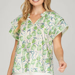 Double Sleeve Woven Floral Print Top with Stripe Contrast | Green - Juli's Wearable Art