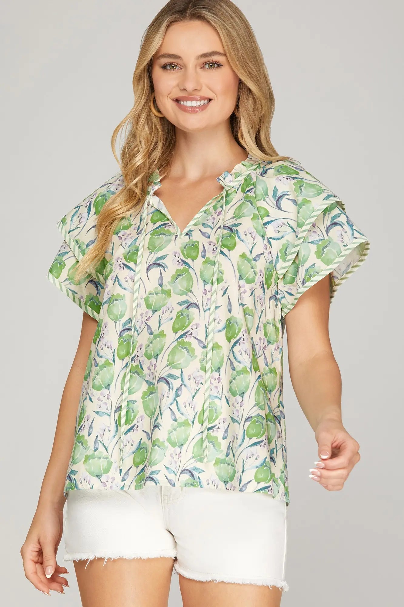 Double Sleeve Woven Floral Print Top with Stripe Contrast | Green