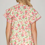 Double Sleeve Woven Floral Print Top with Stripe Contrast | Pink - Juli's Wearable Art