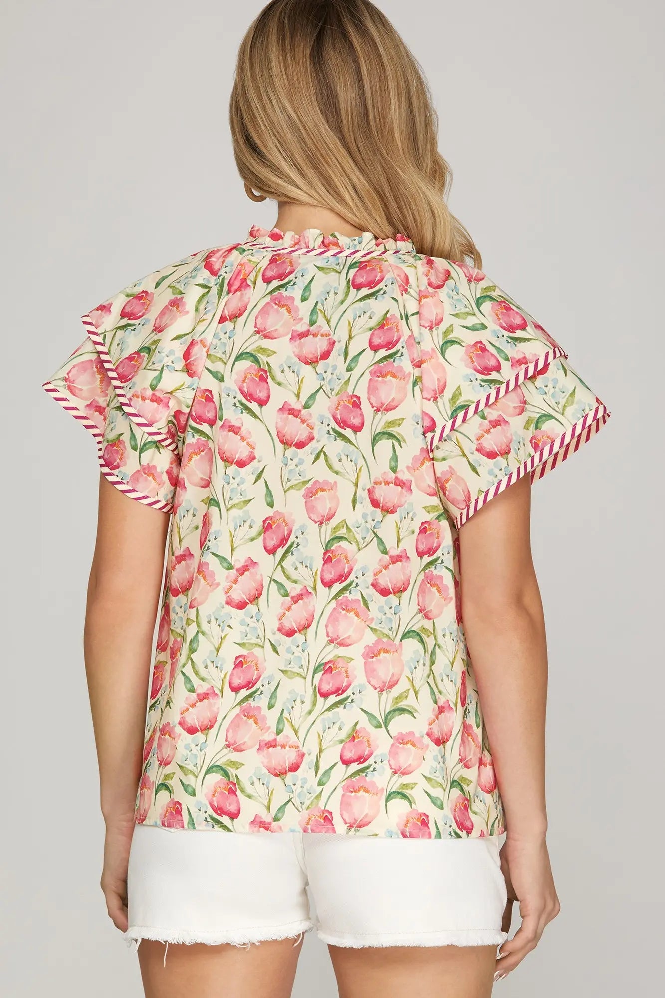 Double Sleeve Woven Floral Print Top with Stripe Contrast | Pink
