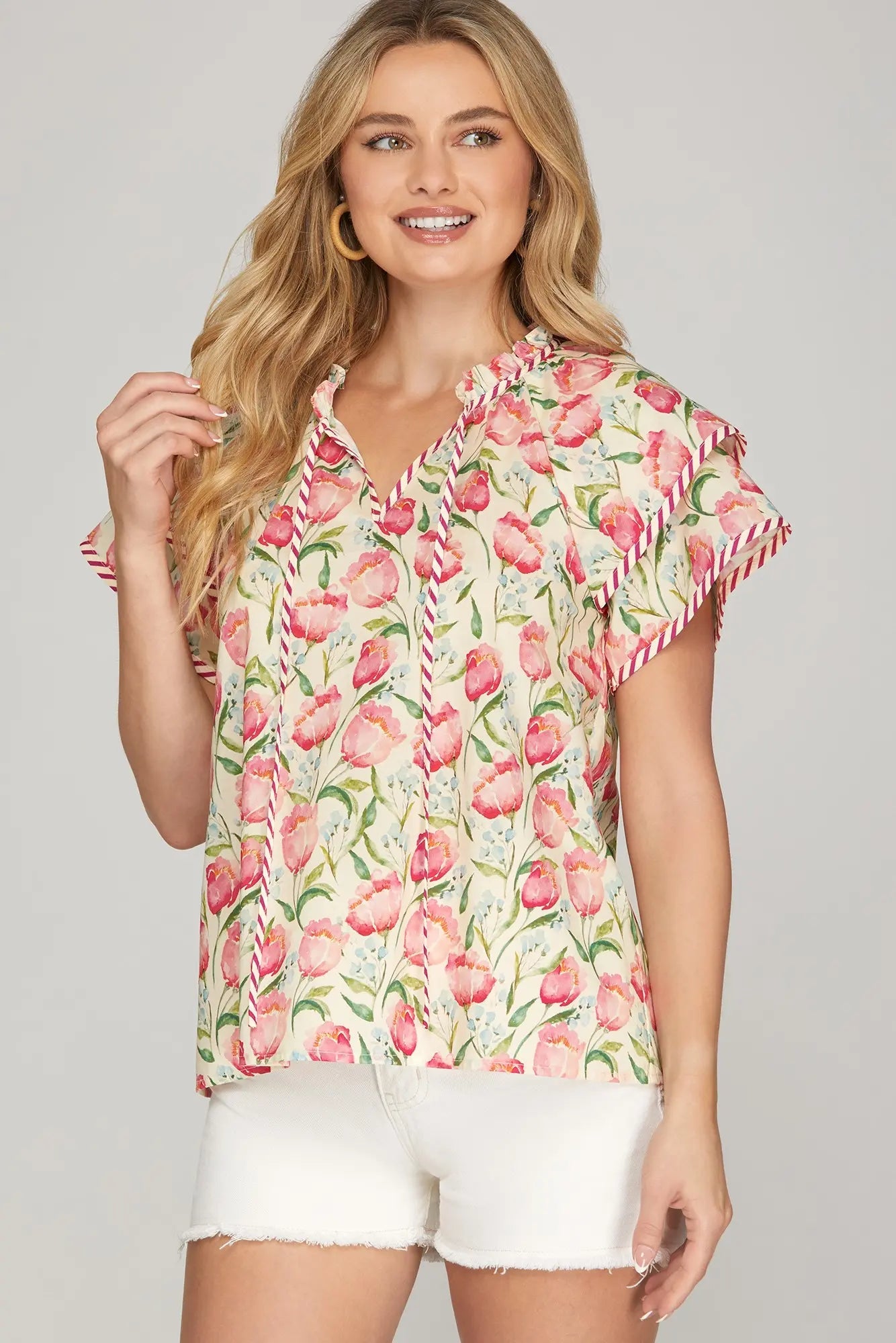 Double Sleeve Woven Floral Print Top with Stripe Contrast | Pink