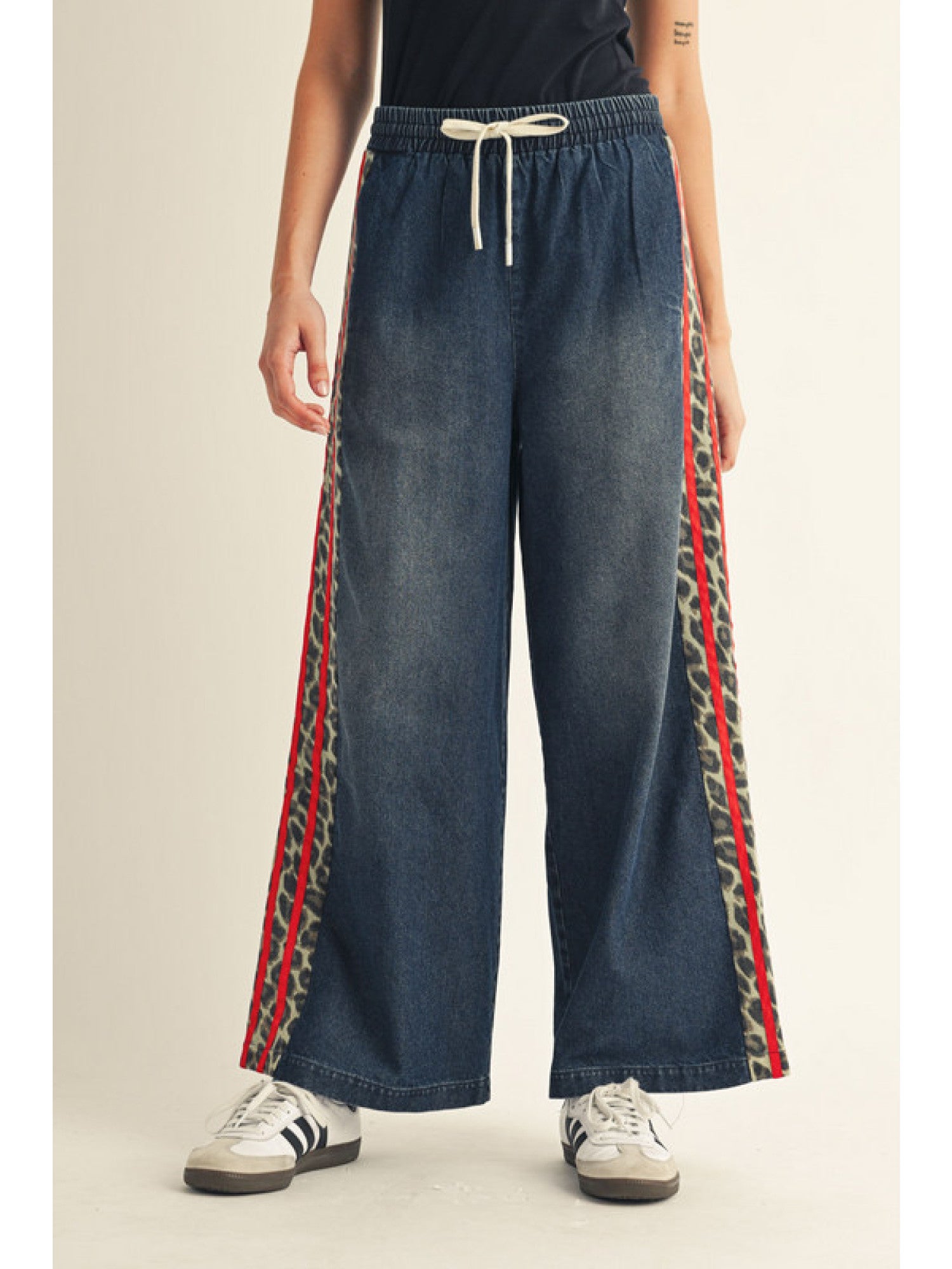 Drawstring Waist Wide Leg Casual Denim Pants – Red/Denim - Juli's Wearable Art