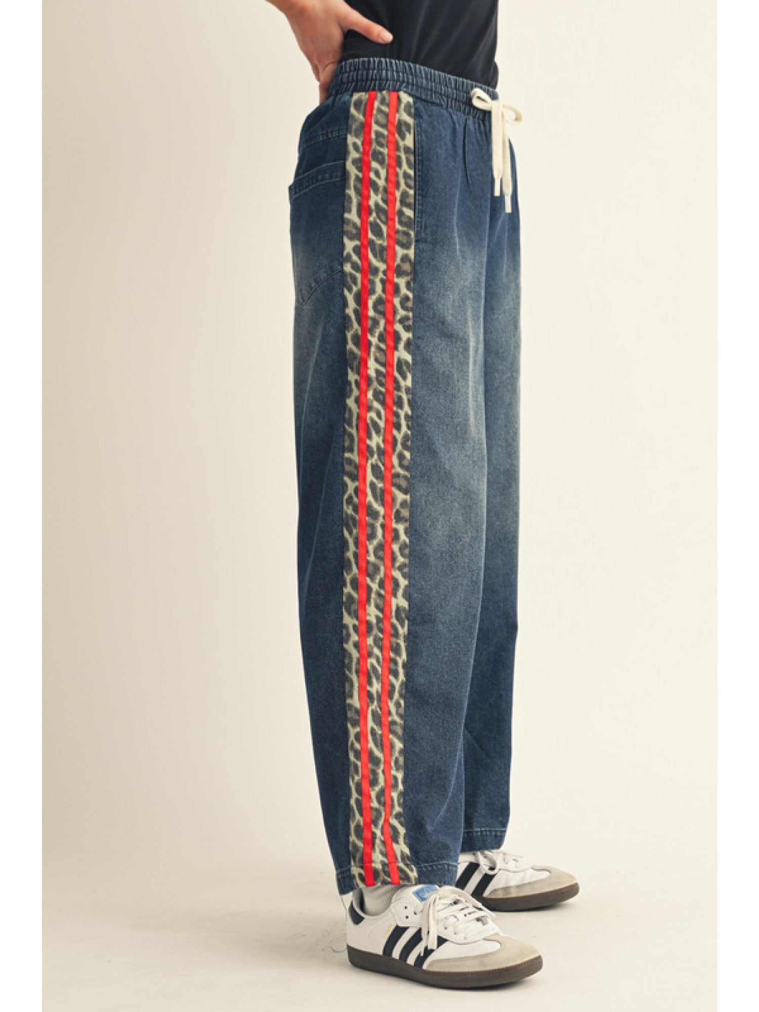 Drawstring Waist Wide Leg Casual Denim Pants – Red/Denim - Juli's Wearable Art