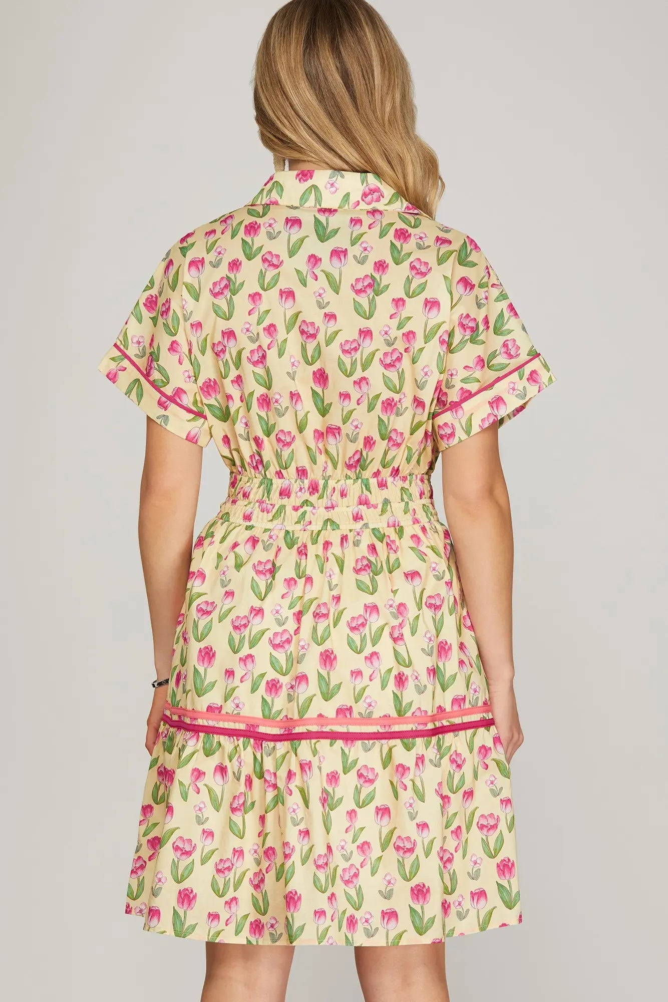 Drop Shoulder Floral Mini Dress with Contrast Trim