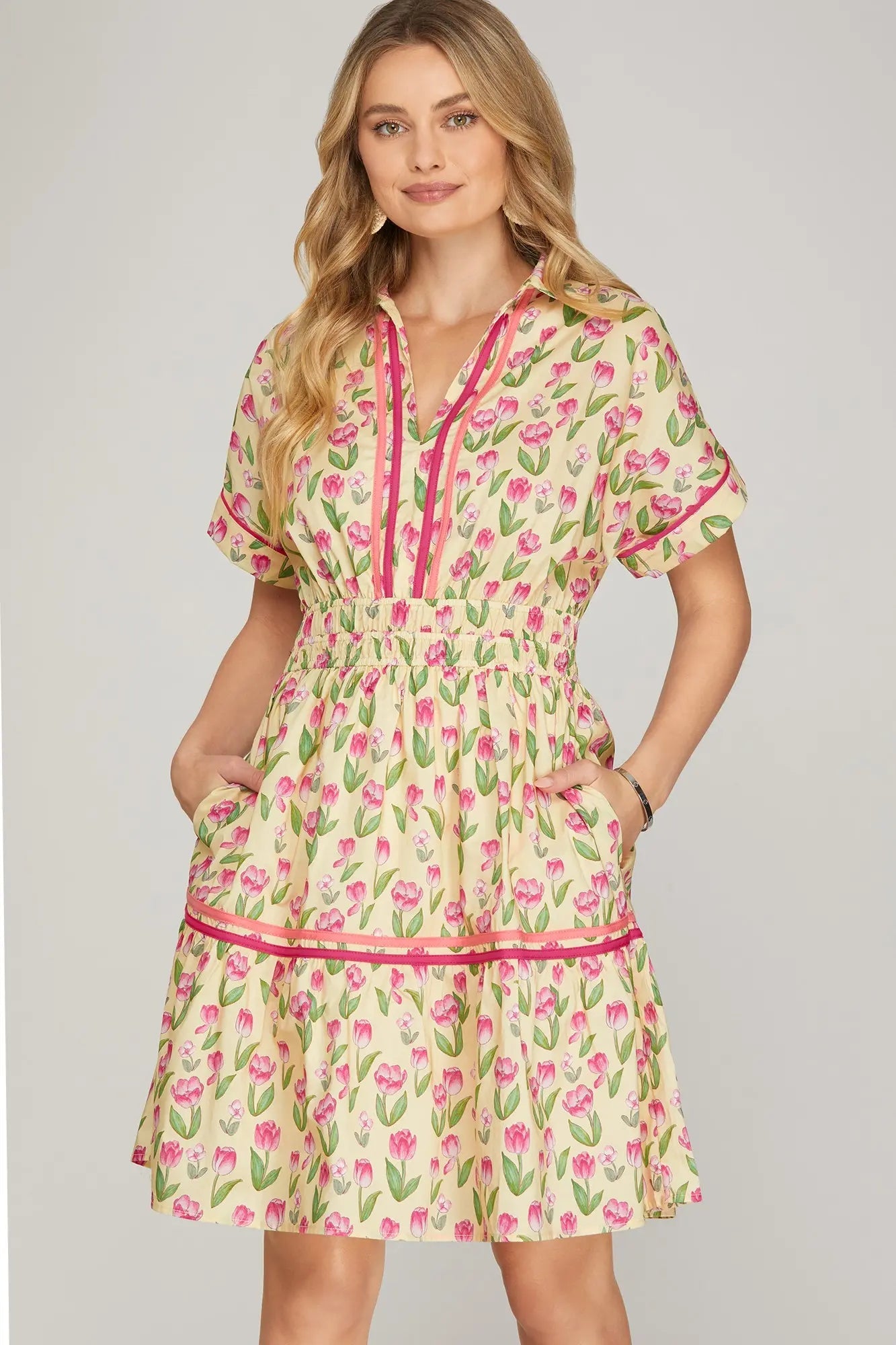 Drop Shoulder Floral Mini Dress with Contrast Trim