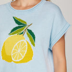 Drop Shoulder Lemon Print Knit Sweater Top | Sky Blue - Juli's Wearable Art
