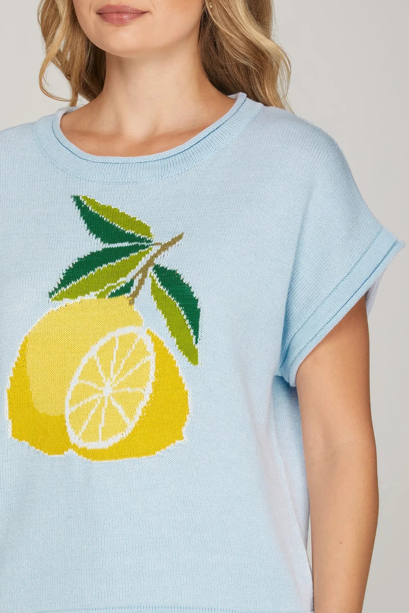 Drop Shoulder Lemon Print Knit Sweater Top | Sky Blue - Juli's Wearable Art