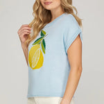 Drop Shoulder Lemon Print Knit Sweater Top | Sky Blue - Juli's Wearable Art
