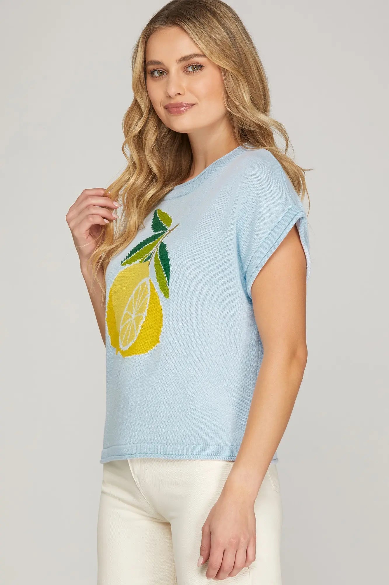 Drop Shoulder Lemon Print Knit Sweater Top | Sky Blue