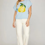 Drop Shoulder Lemon Print Knit Sweater Top | Sky Blue - Juli's Wearable Art