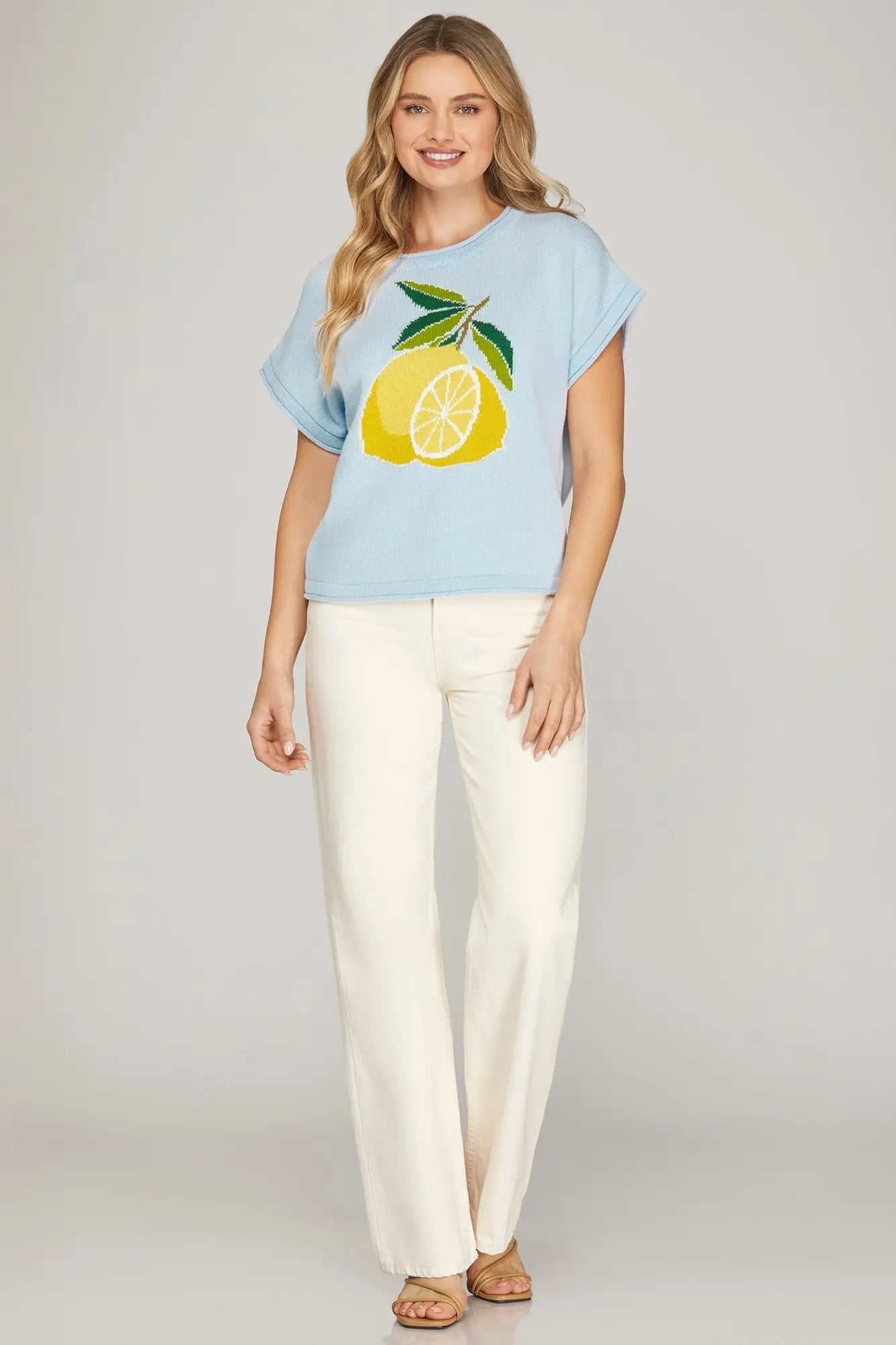 Drop Shoulder Lemon Print Knit Sweater Top | Sky Blue