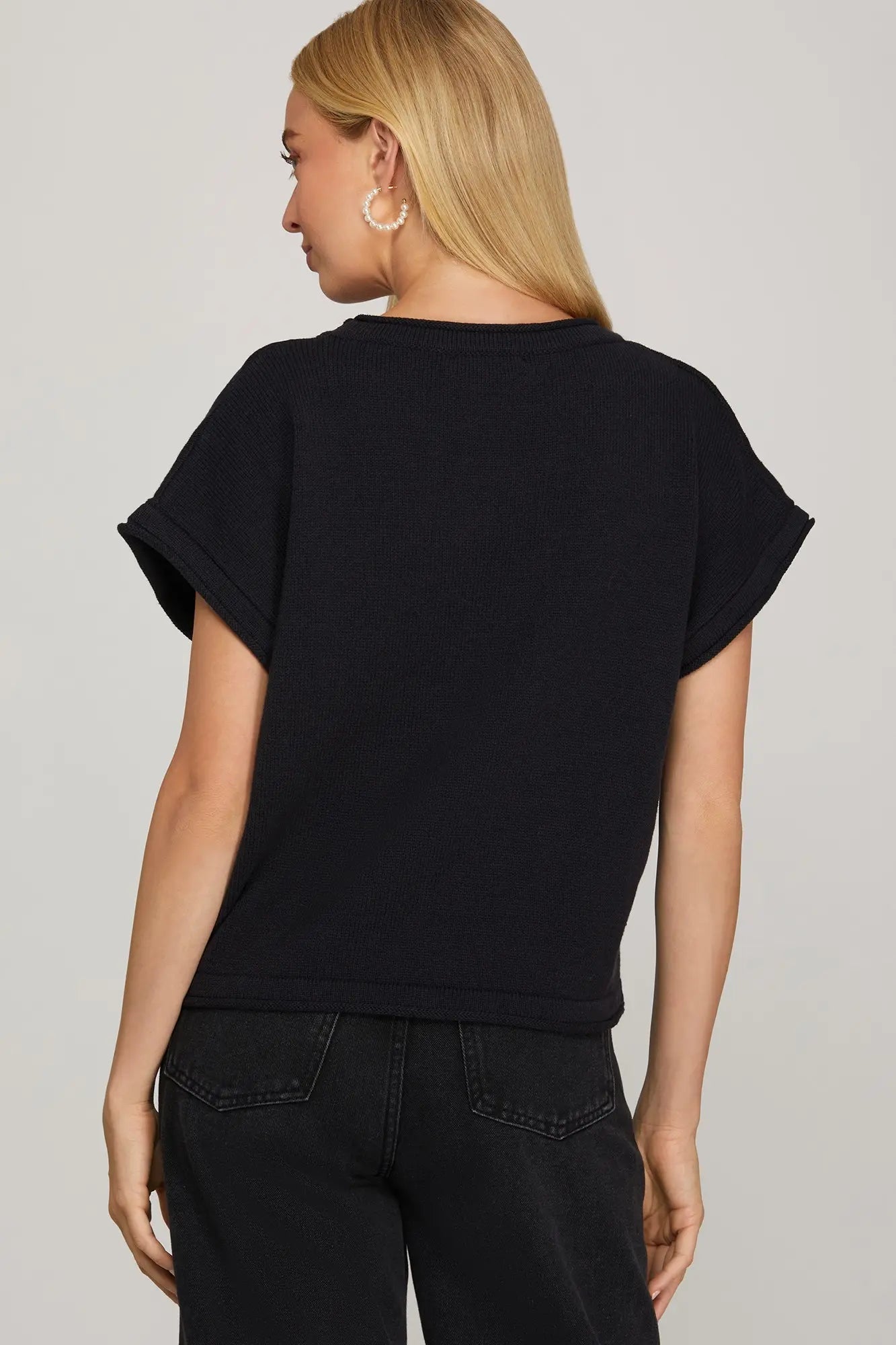 Drop Shoulder Puppy Knit Sweater Top | Charcoal Blue