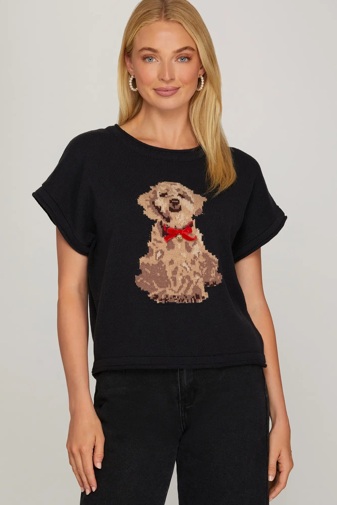 Drop Shoulder Puppy Knit Sweater Top | Charcoal Blue