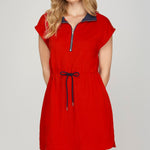 Drop Sleeve Zip - Up Collared Mini Dress | Red - Juli's Wearable Art