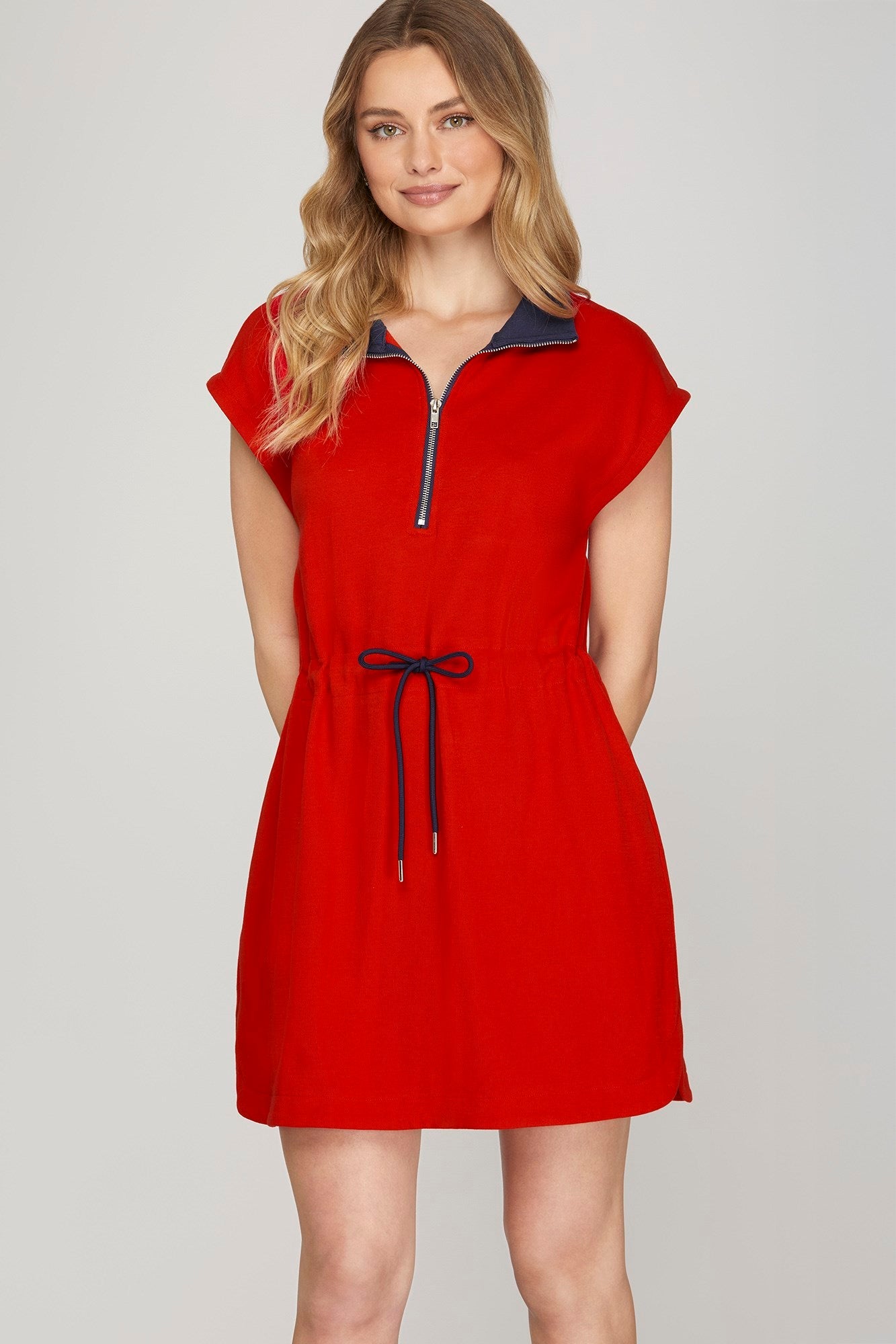 Drop Sleeve Zip - Up Collared Mini Dress | Red - Juli's Wearable Art
