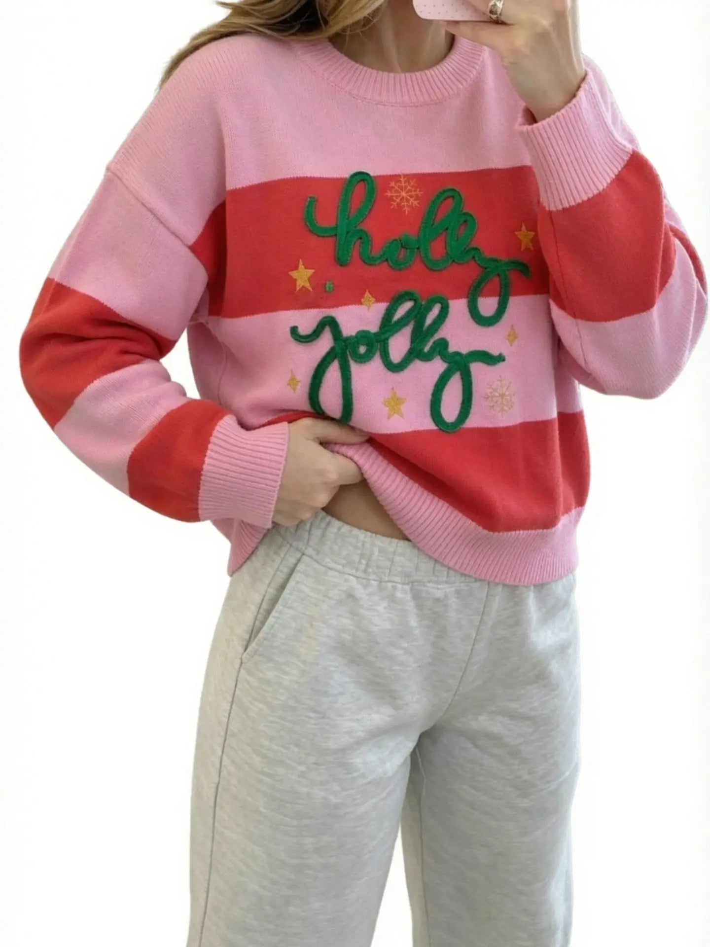Pink Stripe Holly Jolly Christmas Sweater