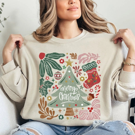 Merry Christmas, Green Floral, Flowers Sweatshirt