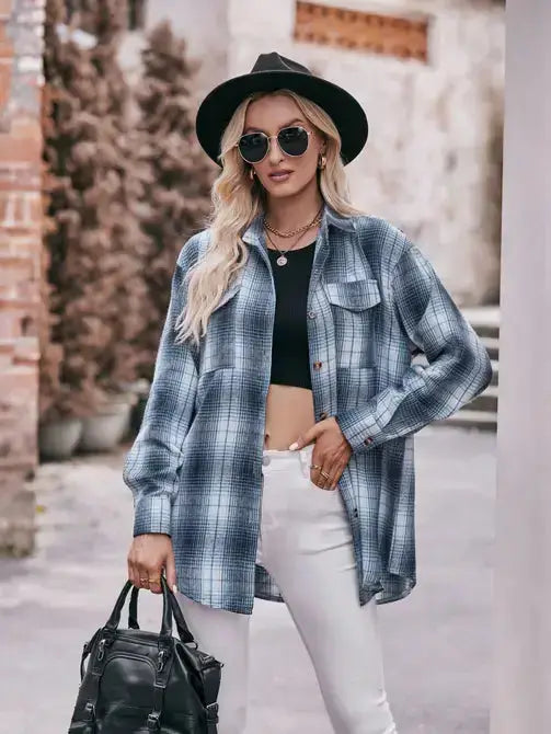 Women's Plaid Oversized Flannel Button Down Shirt | Blue