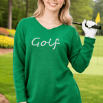 Elsie V - Neck Sweater – Green Pullover with “Golf” Lettering - Juli's Wearable Art