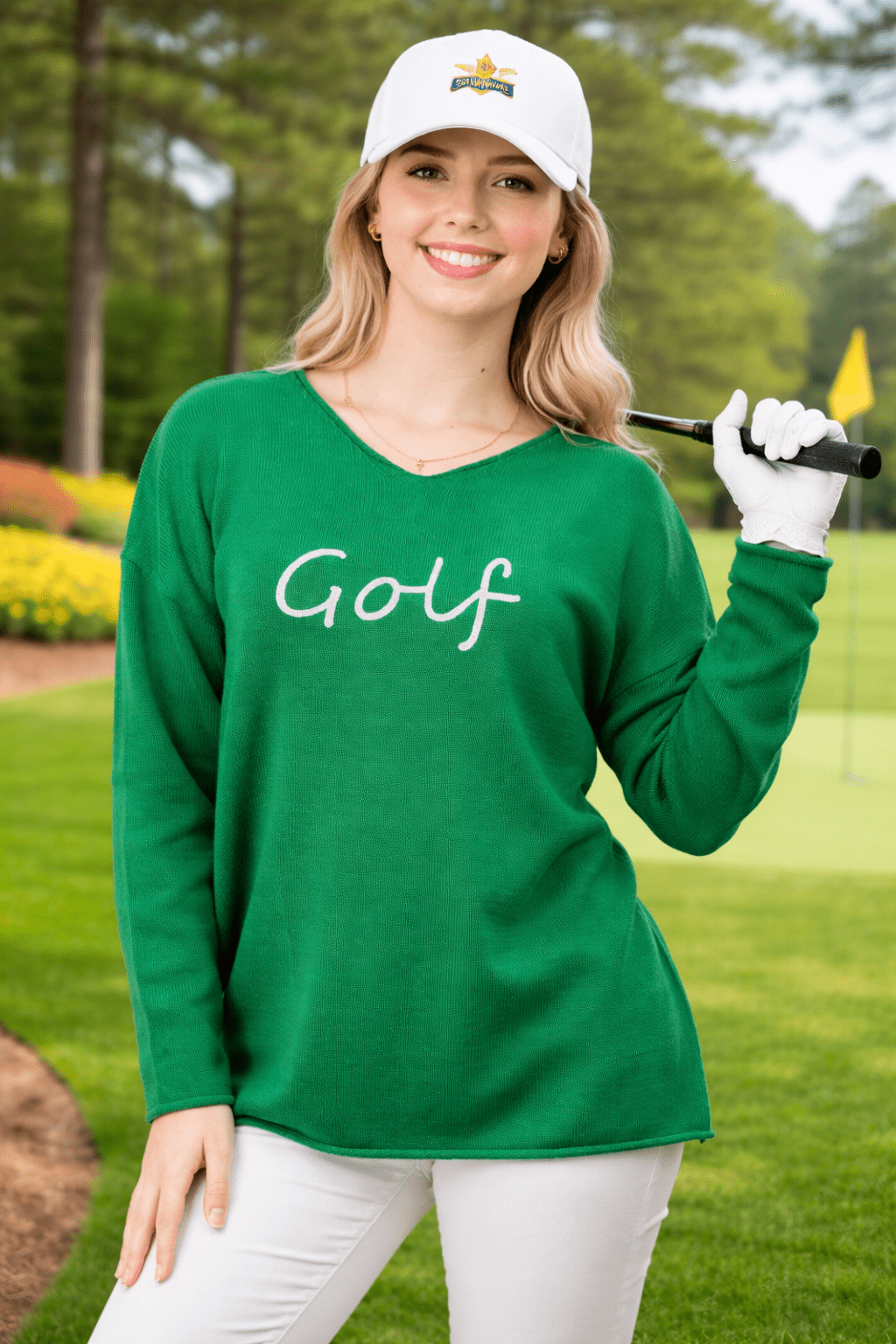 Elsie V-Neck Sweater – Green Pullover with “Golf” Lettering