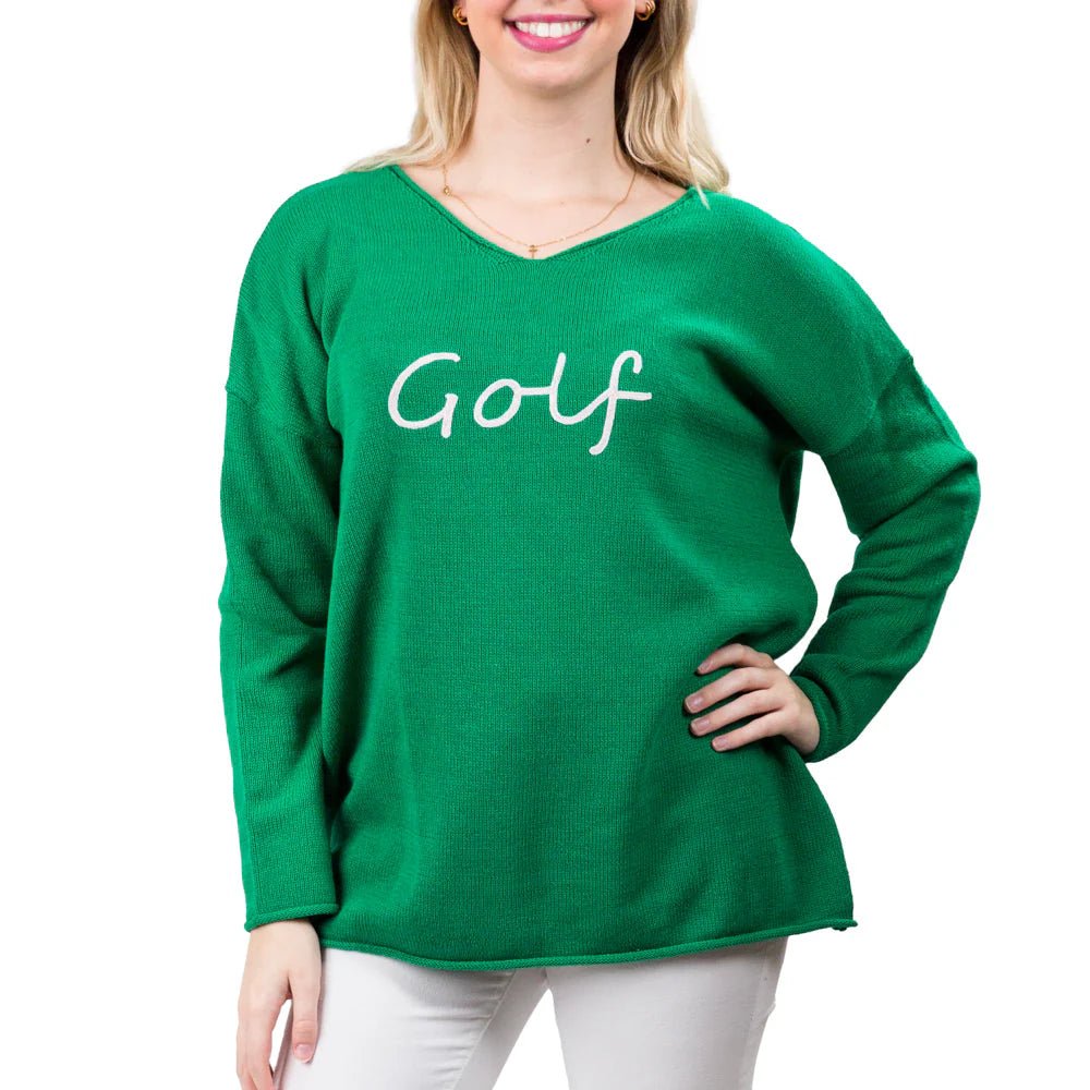 Elsie V-Neck Sweater – Green Pullover with “Golf” Lettering