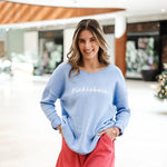 Elsie V - Neck Sweater – Light Blue with “Pickleball” Lettering - Juli's Wearable Art