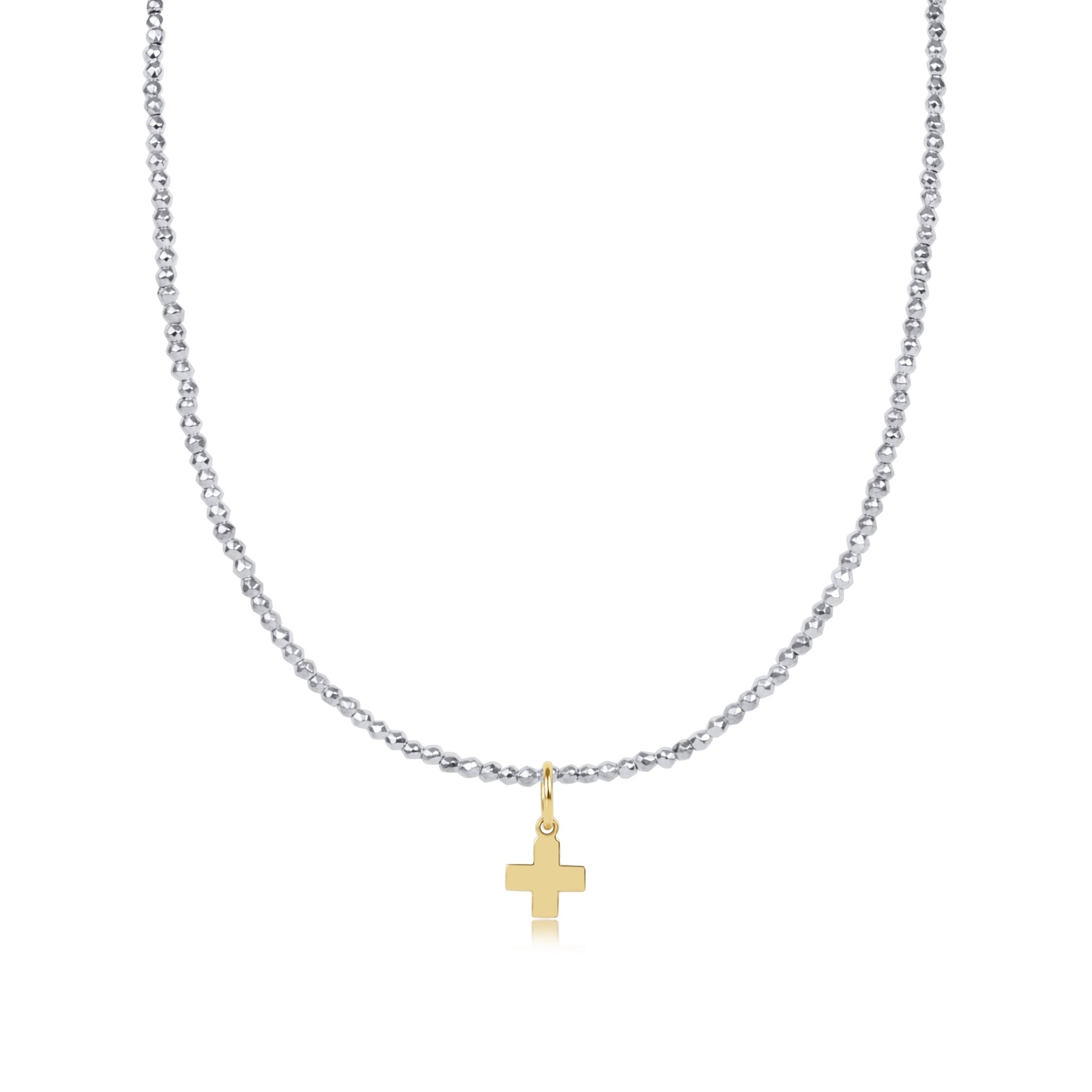 enewton 15" Choker Bright Silver Faceted Hematite 2MM -Signature Gold Cross Charm