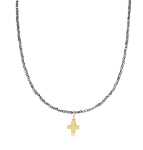 enewton 15" Choker Silver Faceted Hematite 2MM-Signature Cross Gold Charm