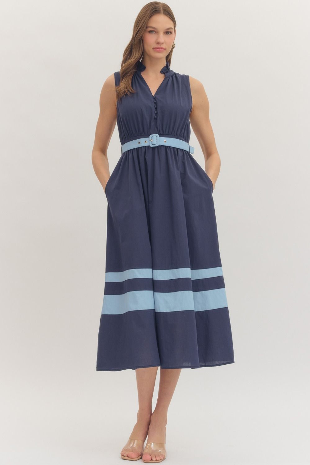 Navy Sleeveless Midi Dress with Belt