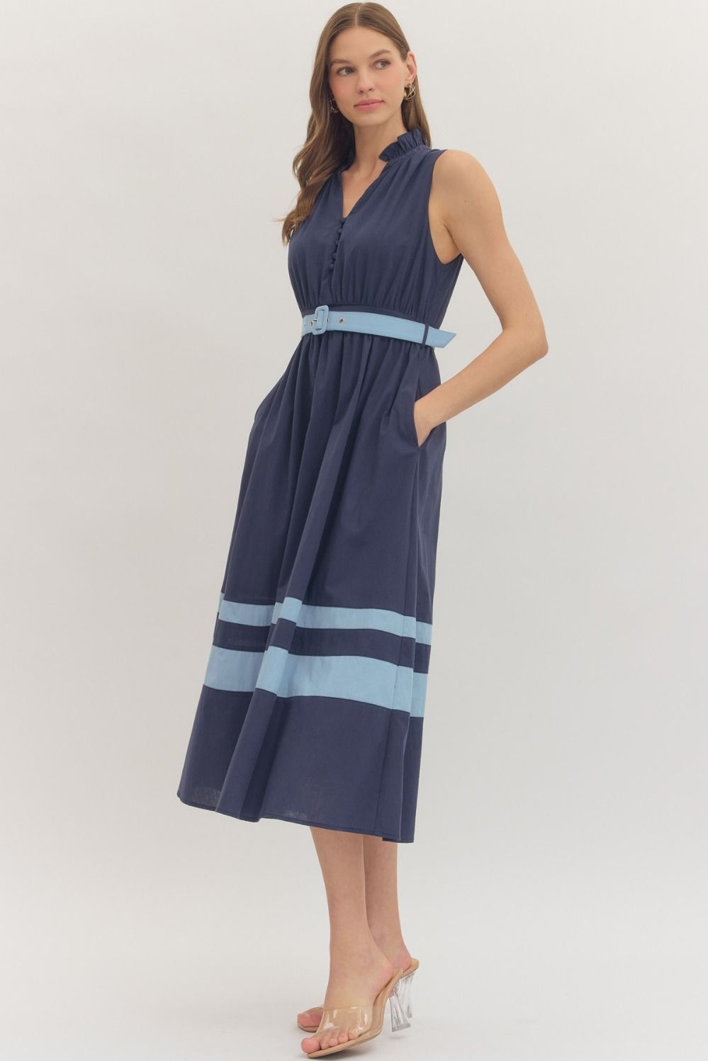 Navy Sleeveless Midi Dress with Belt