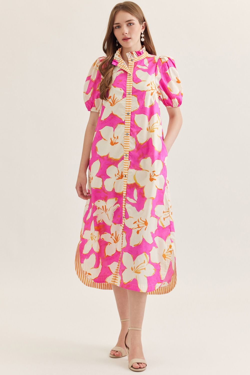 Pink Floral Puff Sleeve Midi Dress