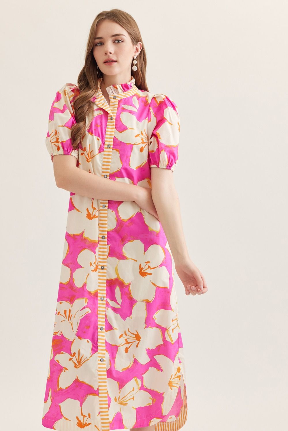 Pink Floral Puff Sleeve Midi Dress